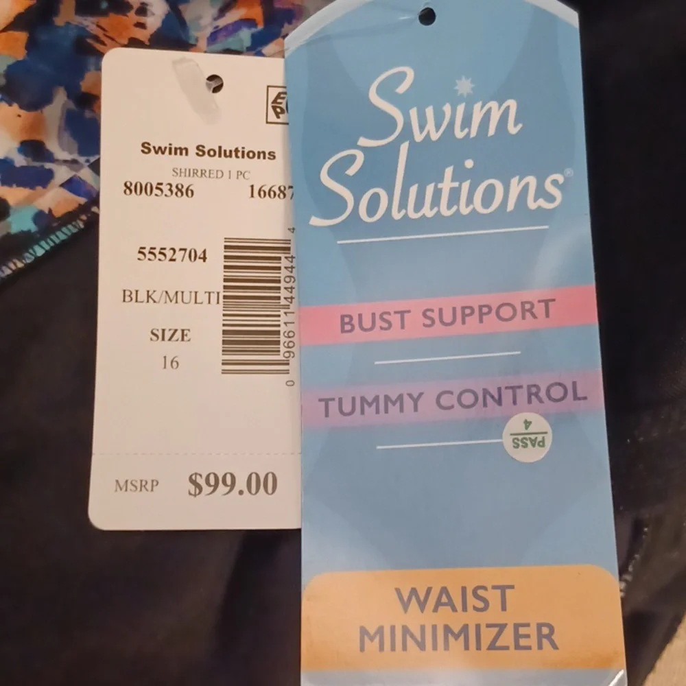 SWIM Solutions Women's Black Multi-Color Sherred Swimsuit. Size 16 - Picture 16 of 16